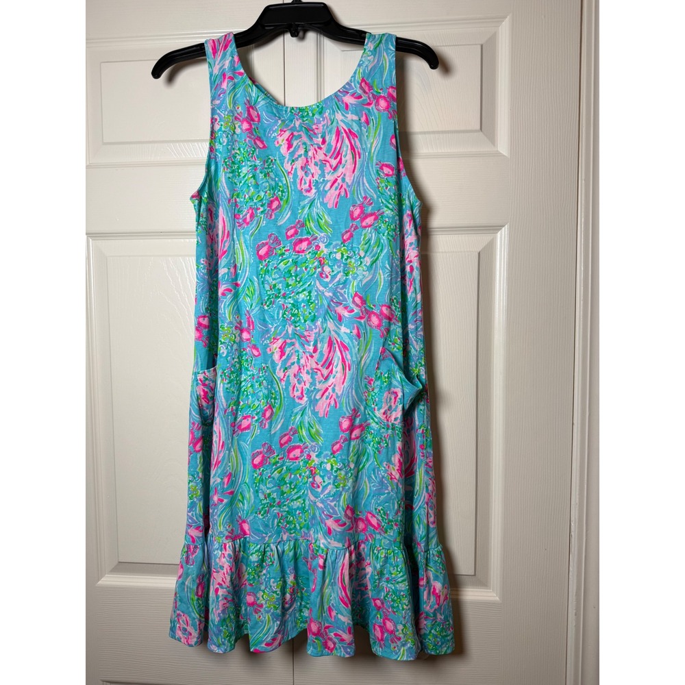 Lilly Pulitzer Preppy Bright Kristen Flounce Dress Amalfi Blue Best Fishes print